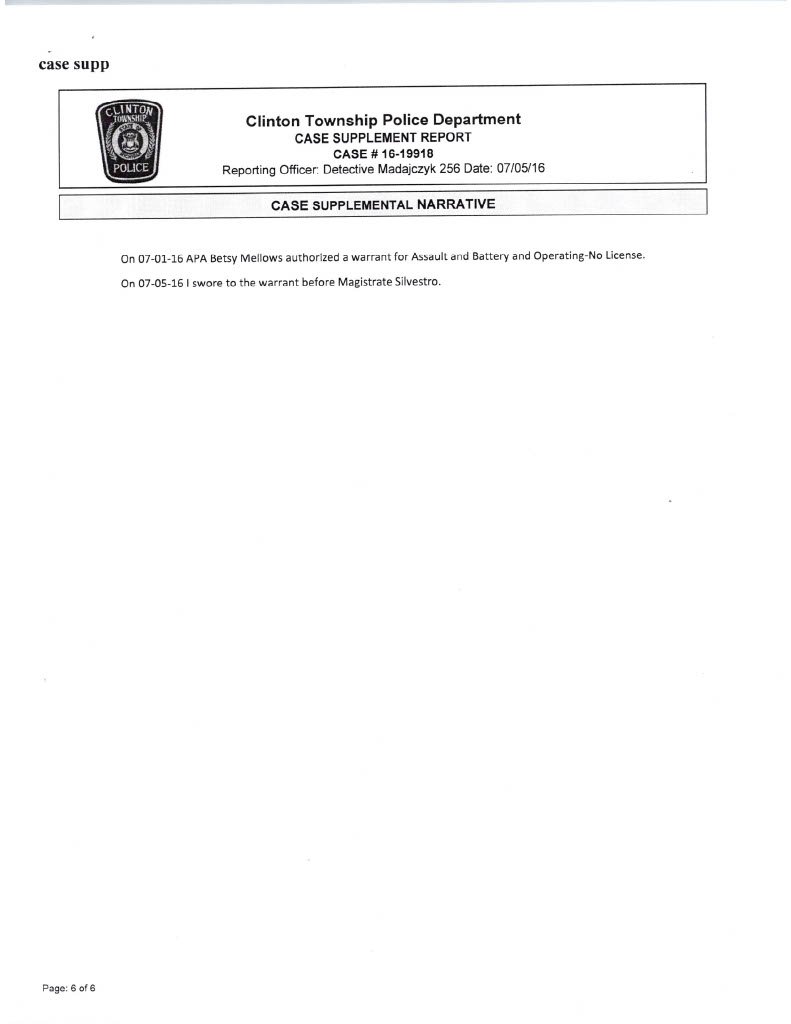 Clinton Township Police Department case supplement concerning Robert Wojtowicz, 2016 case, page 6